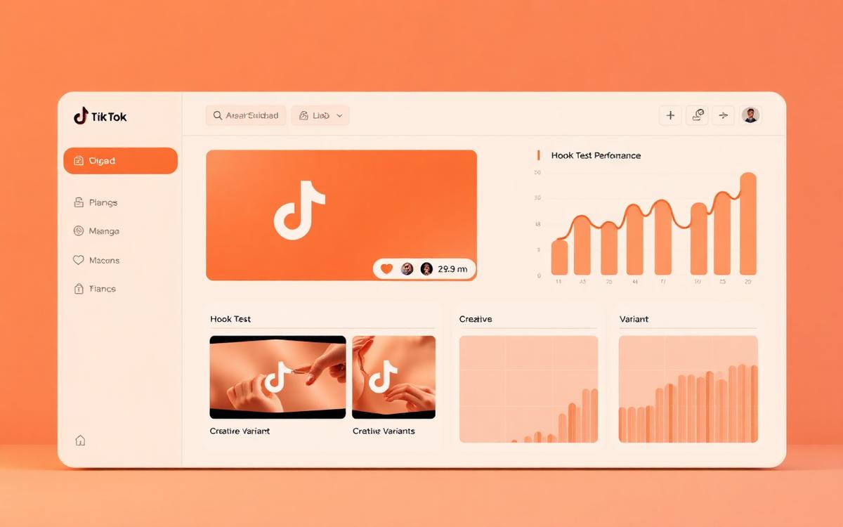 TikTok Ads Manager dashboard showing creative hook testing
