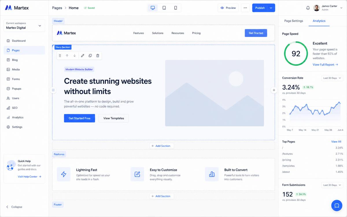 Website builder dashboard showing page editor and conversion analytics
