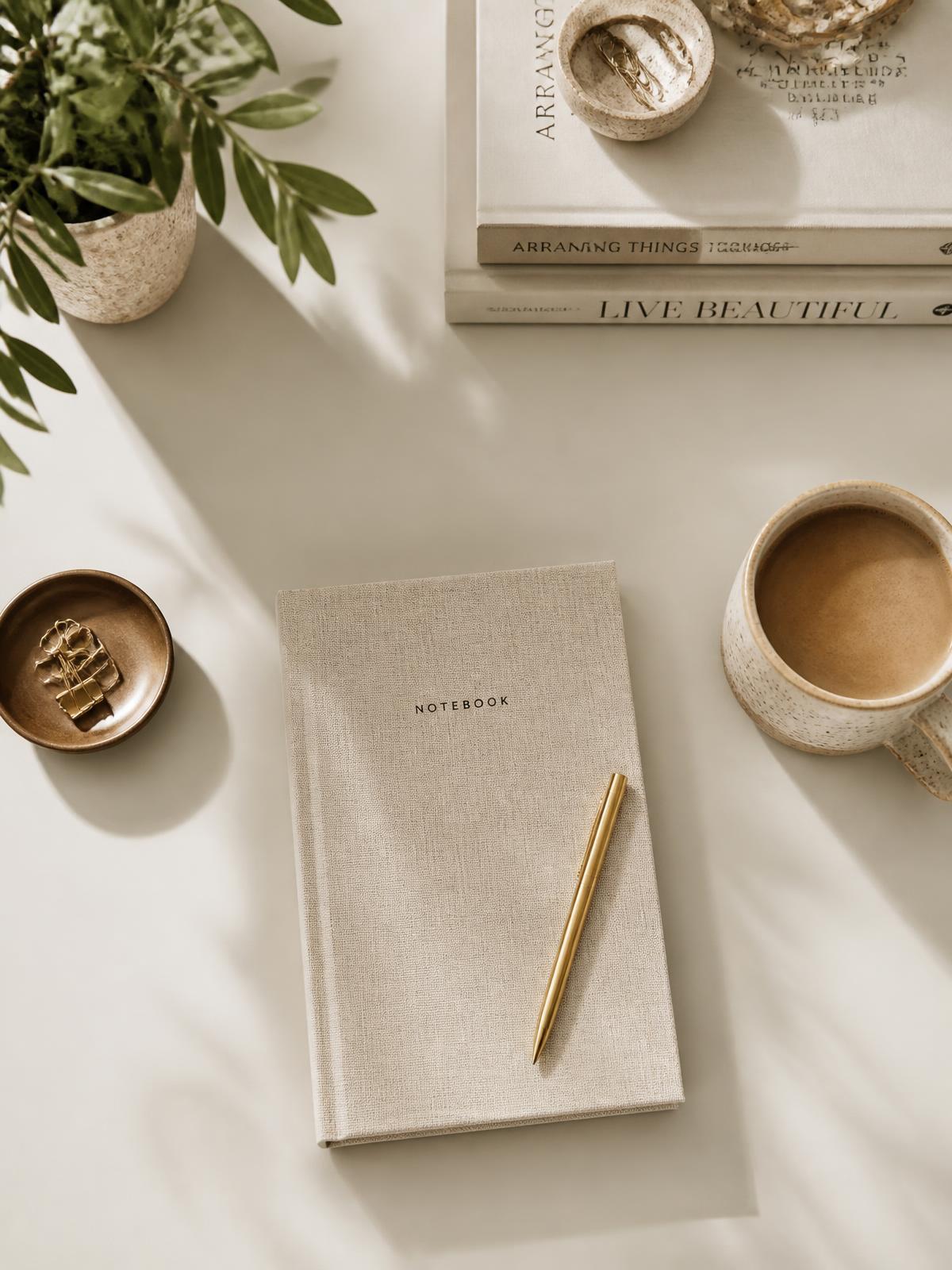 Minimalist designer desk with notebook, coffee, and natural light